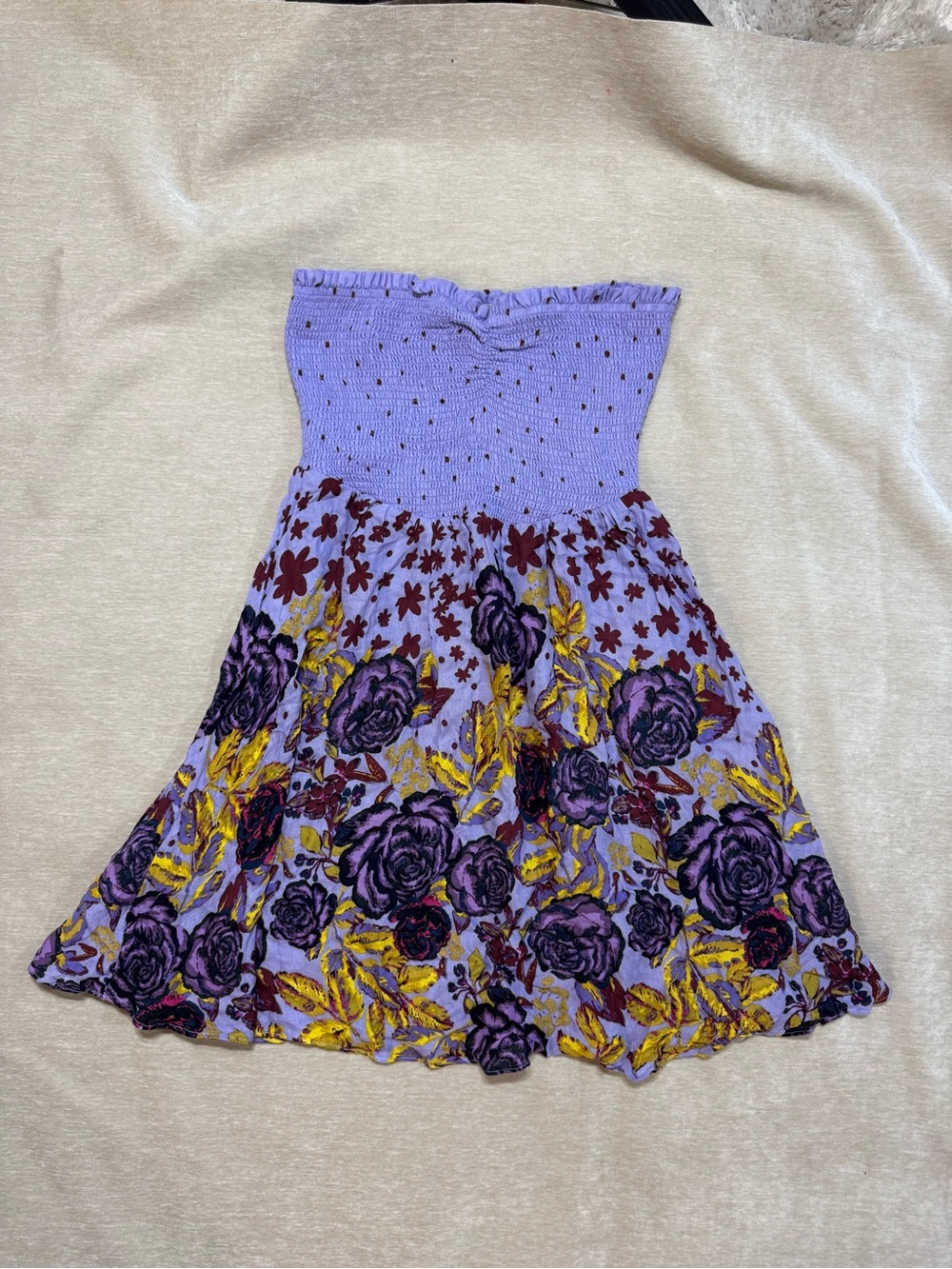 Free People Lilac Floral Smocked Mini Dress with Purple & Yellow Roses